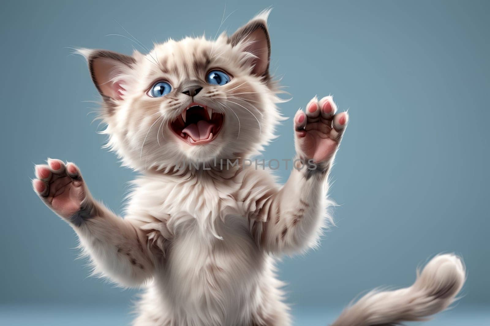 the cat is delighted with his paws raised up, isolated on a blue background by Rawlik