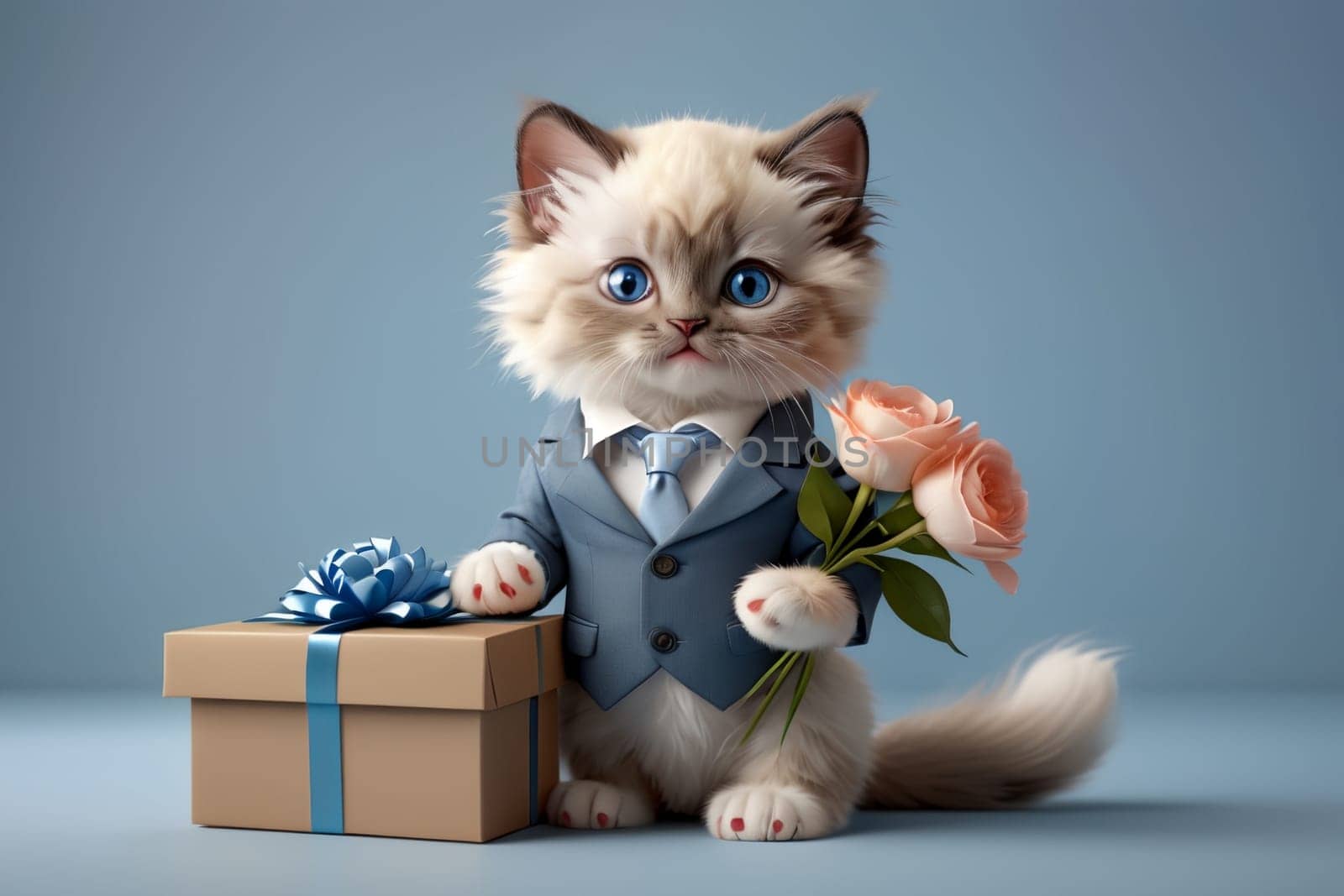 cat in a suit with a gift and flowers by Rawlik