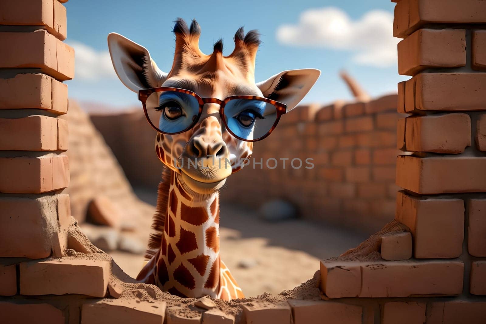 happy giraffe in summer against a brick wall background .