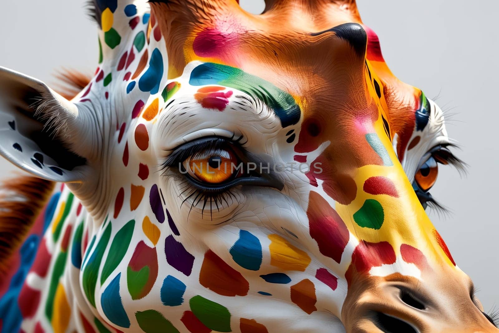 Portrait of a bright multi-colored giraffe .