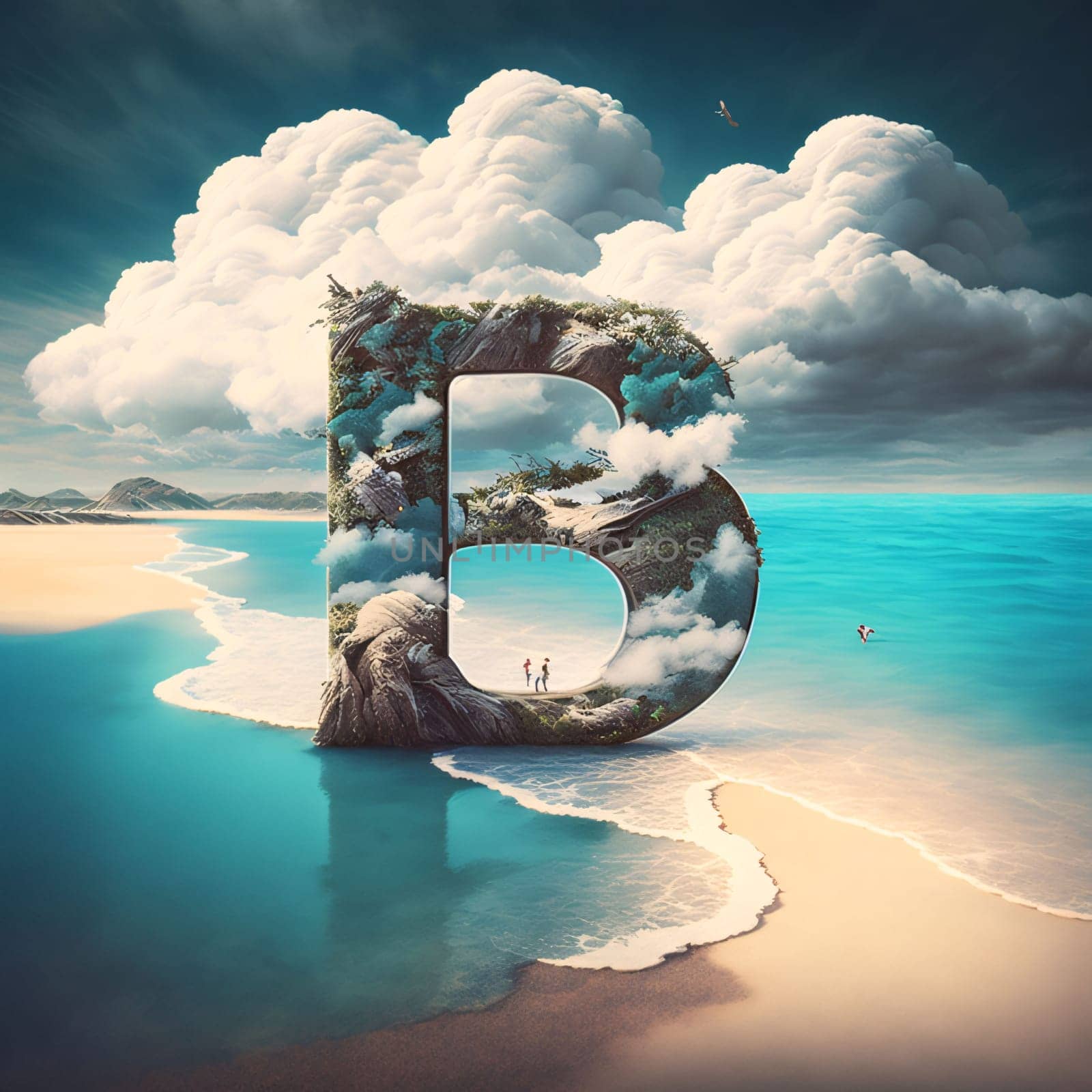 Graphic alphabet letters: Letter B in the form of the sea and sky. 3D rendering