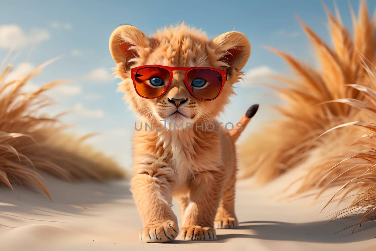 cute red tiger cub walking along the road in the desert.