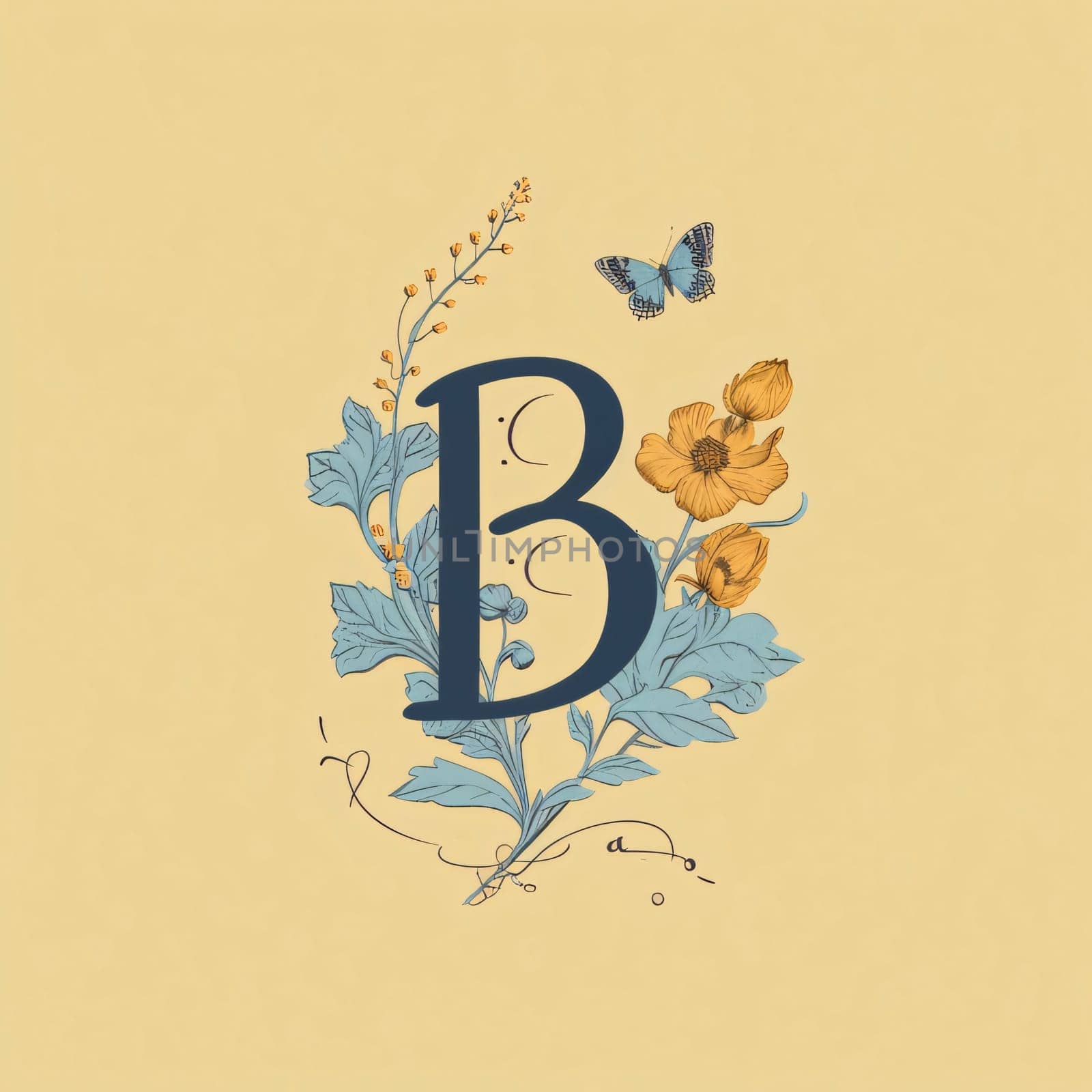 Graphic alphabet letters: Floral letter B. Hand drawn vector illustration in vintage style.