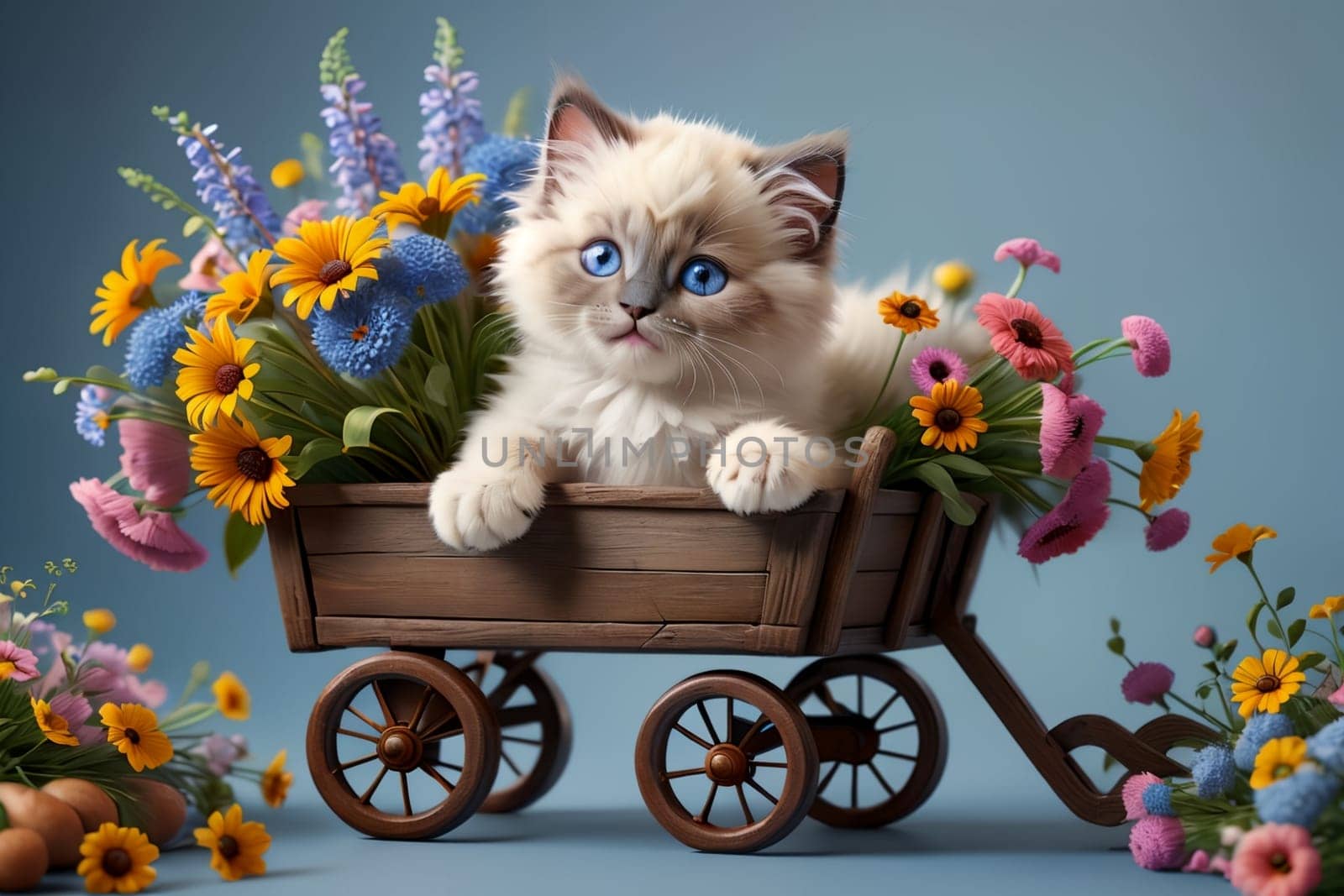 Cute kitten with a large bouquet of flowers in a cart .