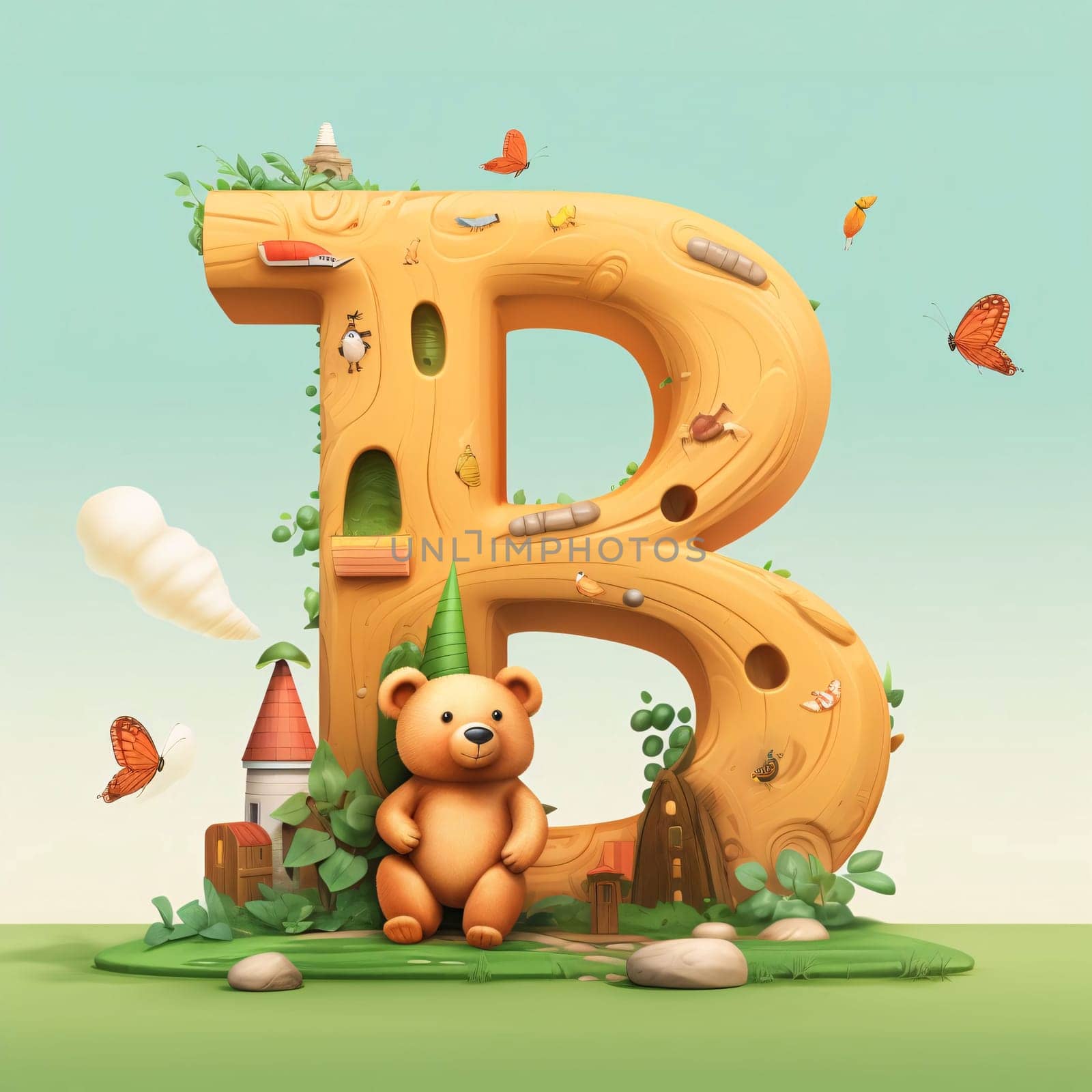 Graphic alphabet letters: Alphabet letter B with a cute bear in the garden, vector illustration