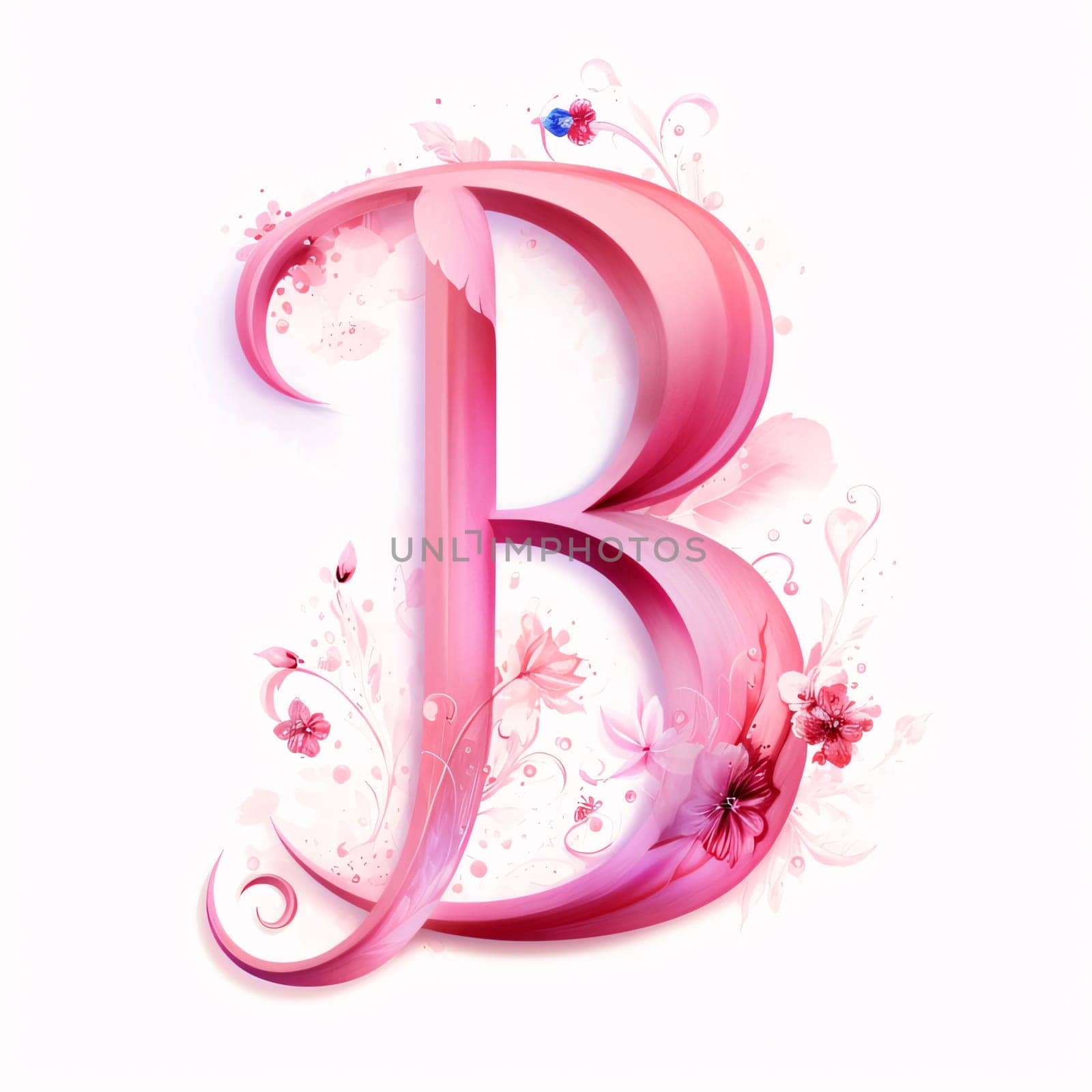 Graphic alphabet letters: Vector illustration of pink letter B with flowers and leaves on white background