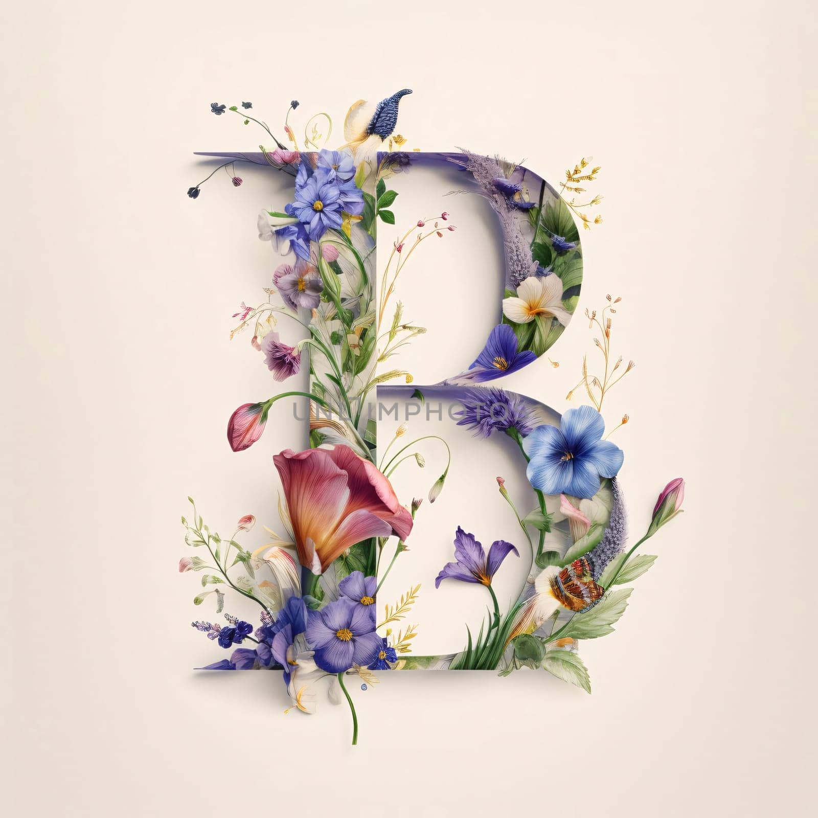 Graphic alphabet letters: Letter B with spring flowers. Floral font. Botanical alphabet.
