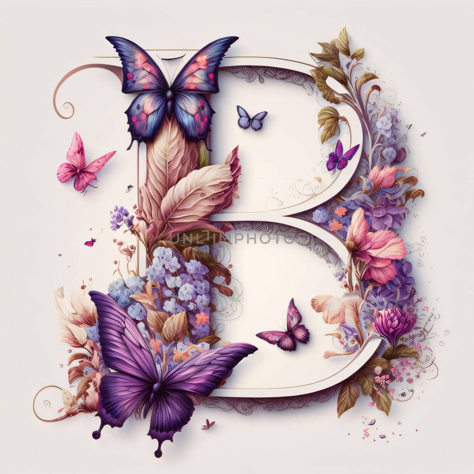 Graphic alphabet letters: Beautiful letter B with flowers, butterflies and leaves for your design.
