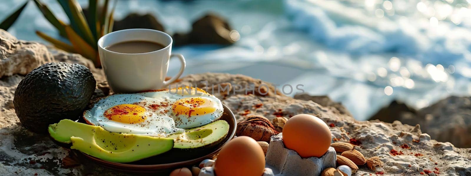 Breakfast avocado eggs and coffee by the sea. Selective focus. Food Generative AI,