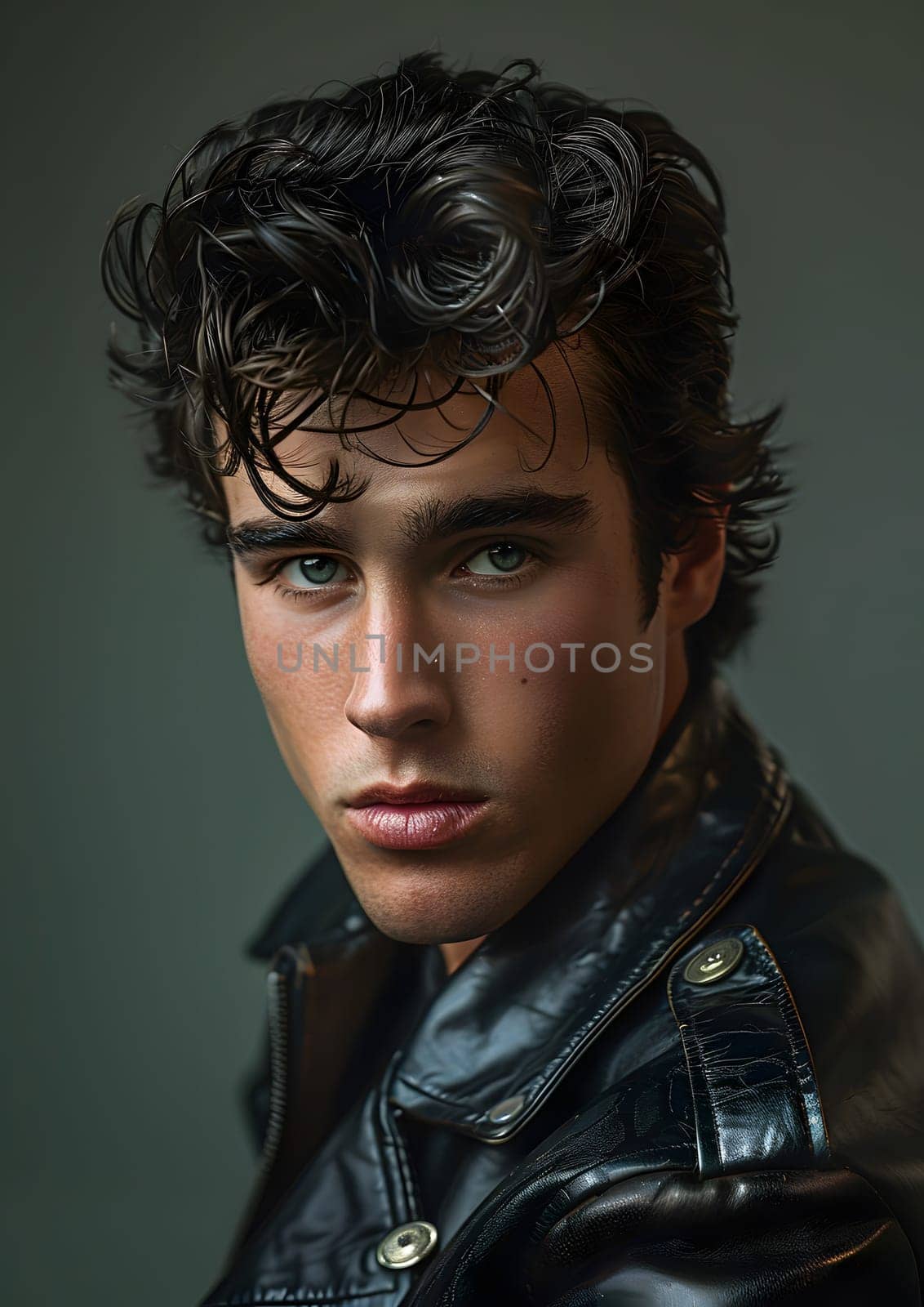 A young man with curly hair in a black leather jacket by Nadtochiy