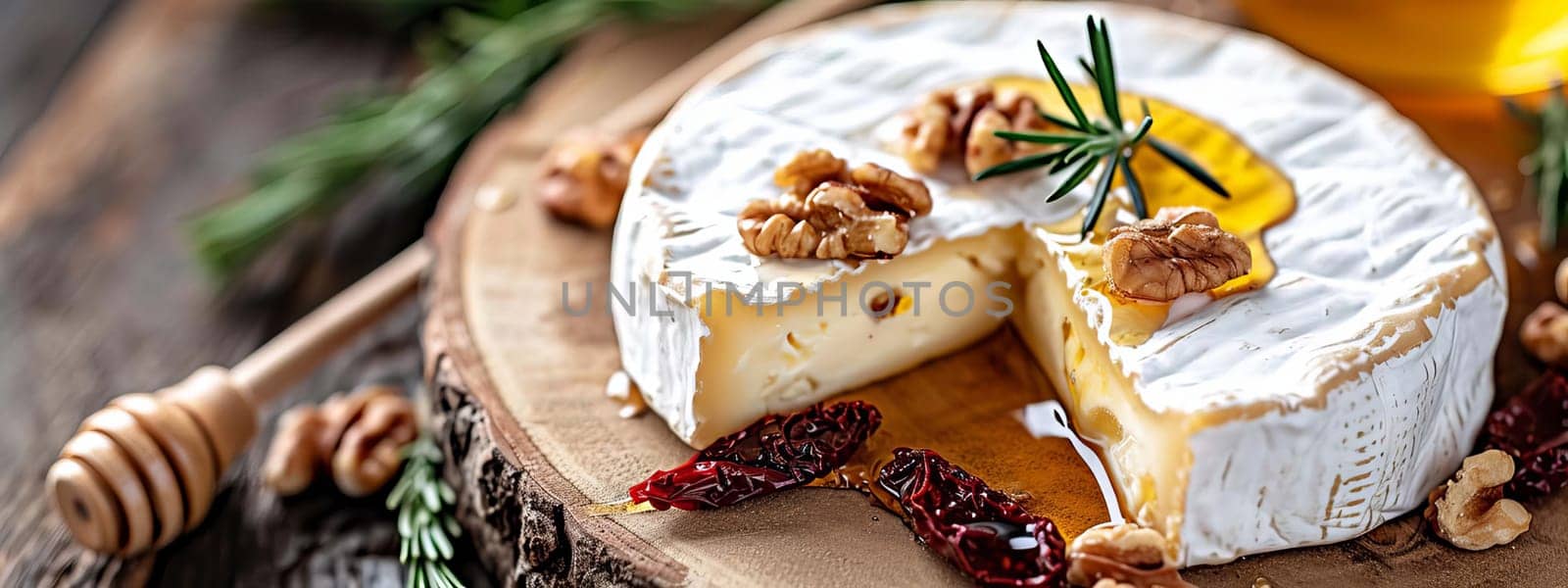 Camembert with honey and nuts. Selective focus. Food.