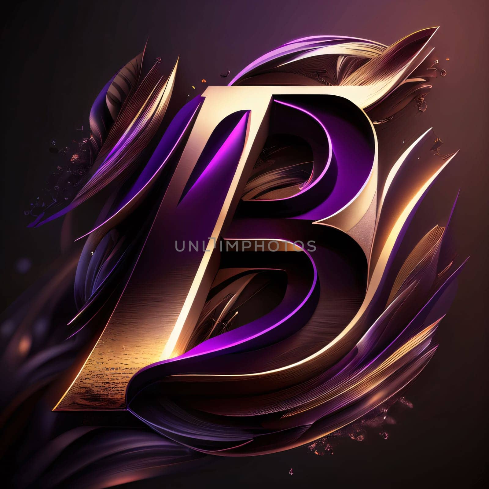 Graphic alphabet letters: 3d golden letter B on black background, 3d render.