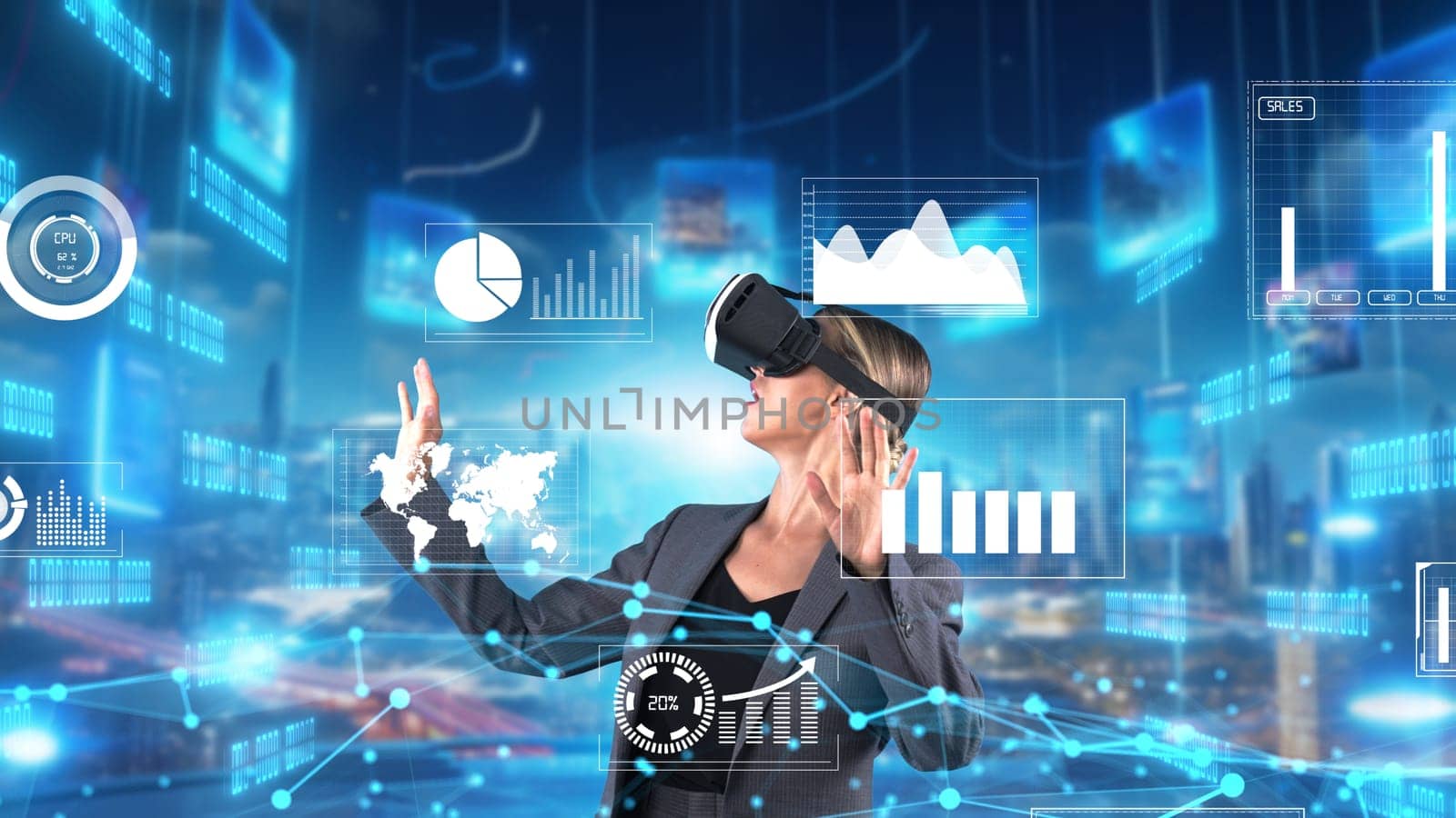 Woman reporter explaining dynamic market data calculated analysis pointing big data business by VR innovation interface digital infographic network technology visual hologram animation. Contraption.