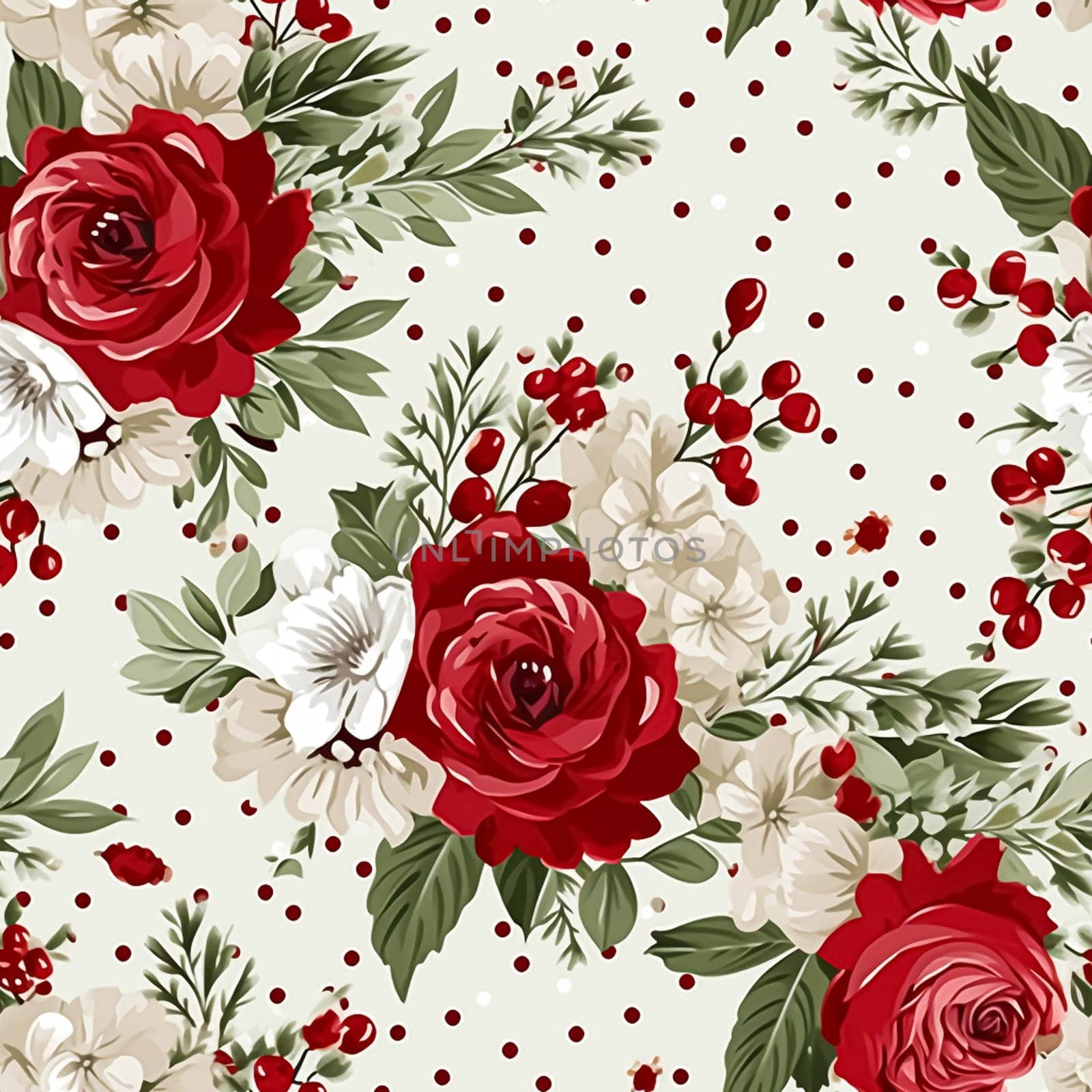 Seamless pattern, tileable Christmas holiday floral, country flowers dots print, English countryside roses for wallpaper, wrapping paper, scrapbook, fabric and product design motif