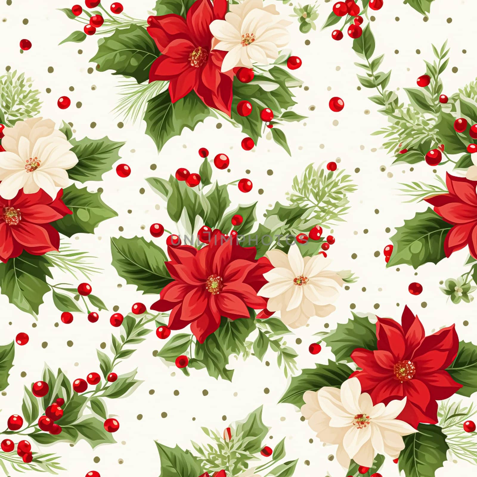 Seamless pattern, tileable Christmas holiday floral country dots print, English countryside flowers for wallpaper, wrapping paper, scrapbook, fabric and product design motif