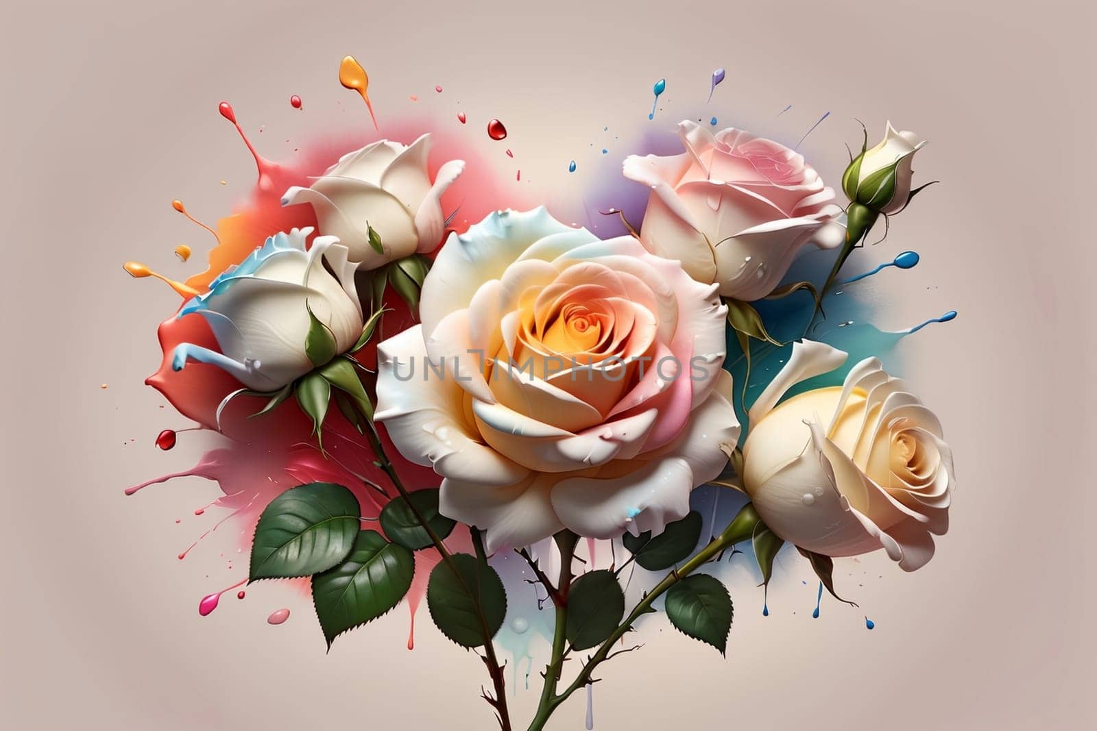 bouquet of bright multi-colored roses on a light background by Rawlik
