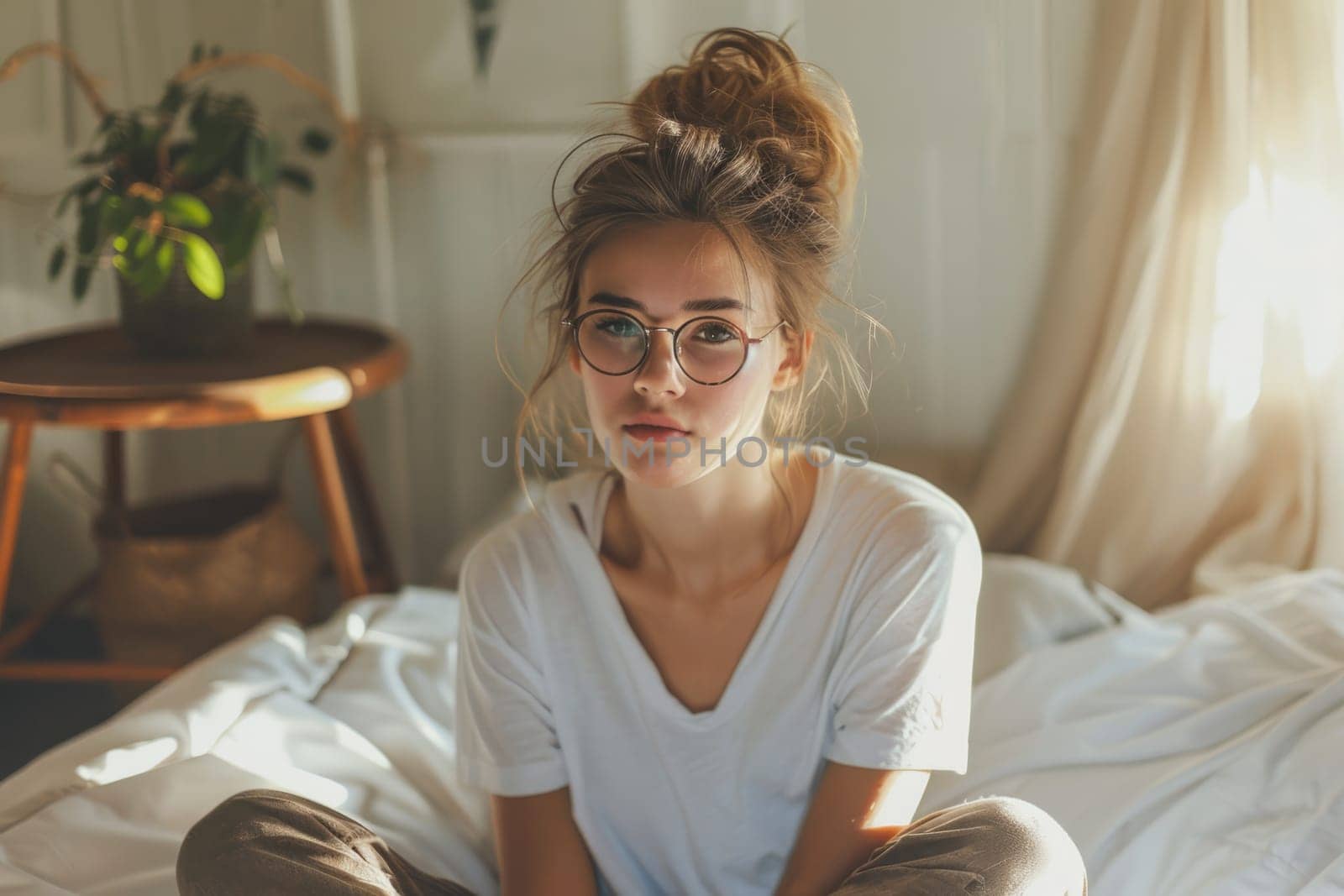 Unhappy woman thinking about problems, sitting in the bed alone looking away. ai generated