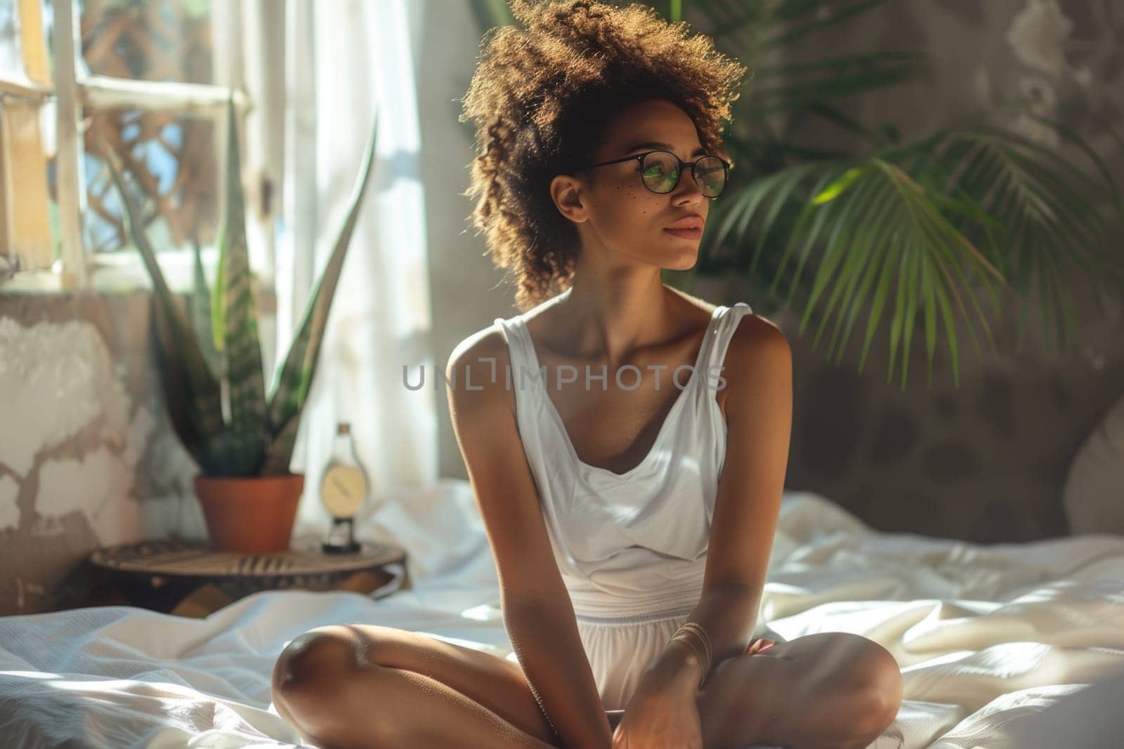 Unhappy woman thinking about problems, sitting in the bed alone looking away. ai generated