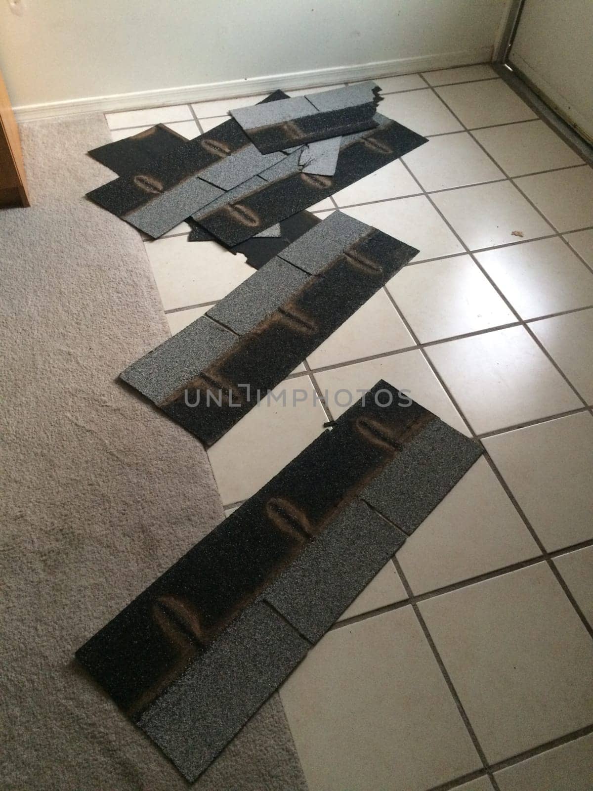 Shingles that Blew off My Roof in a Storm now on the Floor Inside. High quality photo