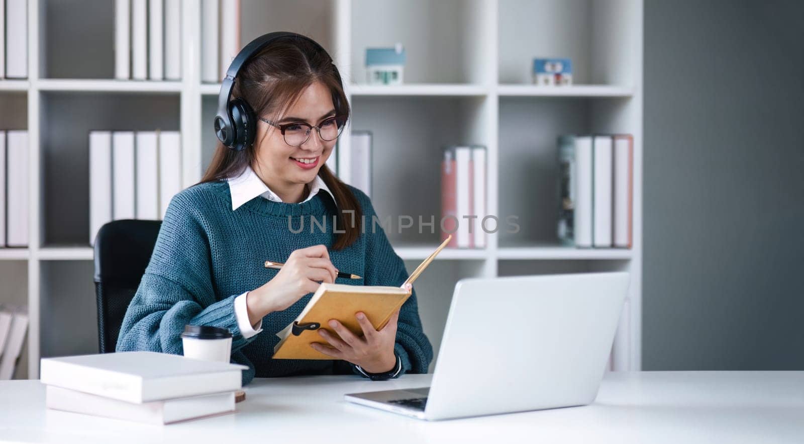 Asian girl student online learning class study online video call zoom teacher, Happy asian girl learn english language online with computer laptop by wichayada