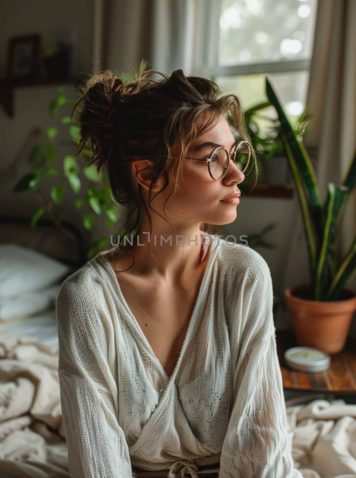 Unhappy woman thinking about problems, sitting in the bed alone looking away. ai generated