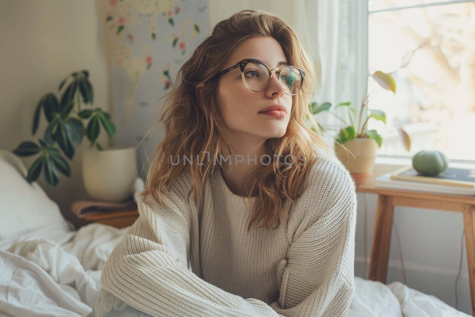 Unhappy woman thinking about problems, sitting in the bed alone looking away. ai generated