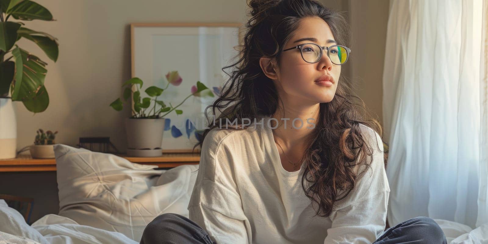 Unhappy woman thinking about problems, sitting in the bed alone looking away. ai generated