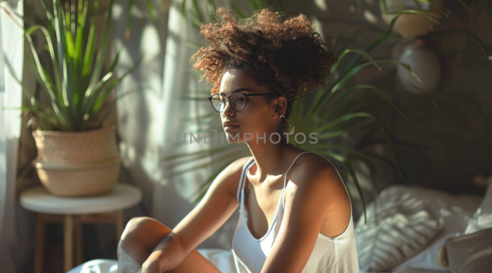 Unhappy woman thinking about problems, sitting in the bed alone looking away. ai generated