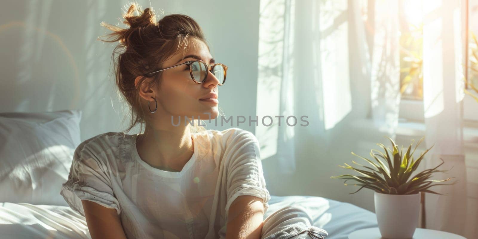 Unhappy woman thinking about problems, sitting in the bed alone looking away. ai generated by Desperada