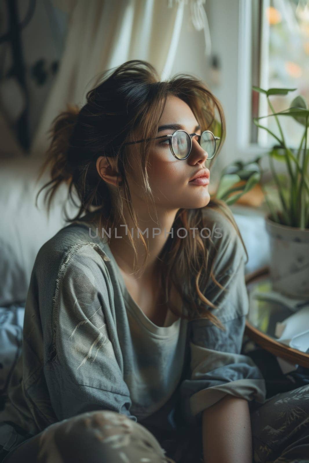 Unhappy woman thinking about problems, sitting in the bed alone looking away. ai generated