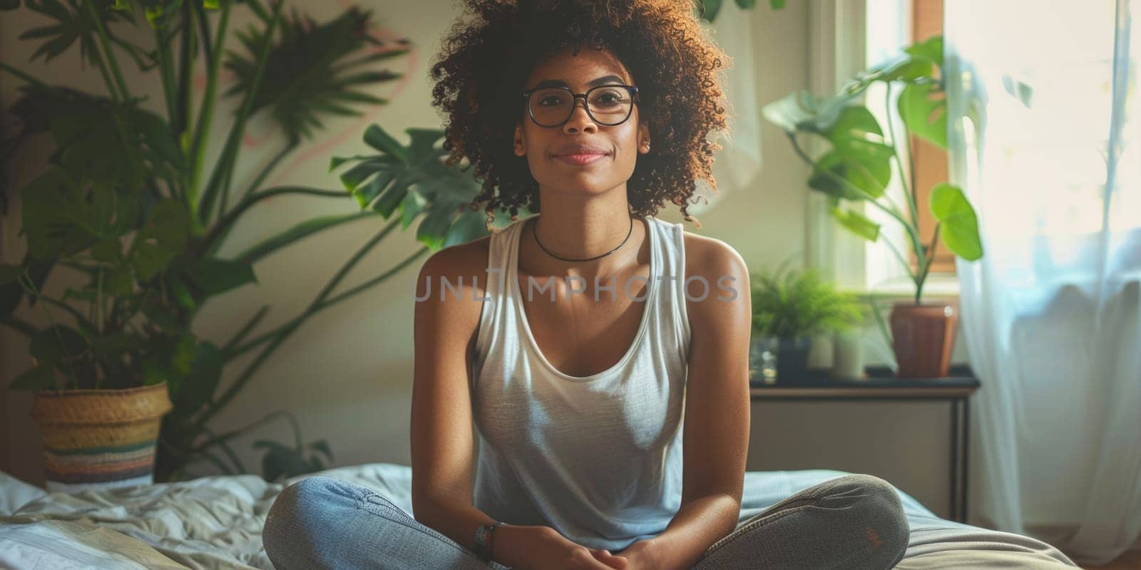 Unhappy woman thinking about problems, sitting in the bed alone looking away. ai generated