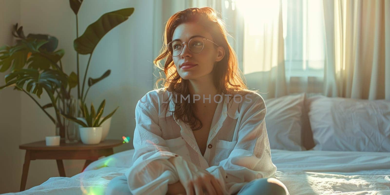 Unhappy woman thinking about problems, sitting in the bed alone looking away. ai generated by Desperada