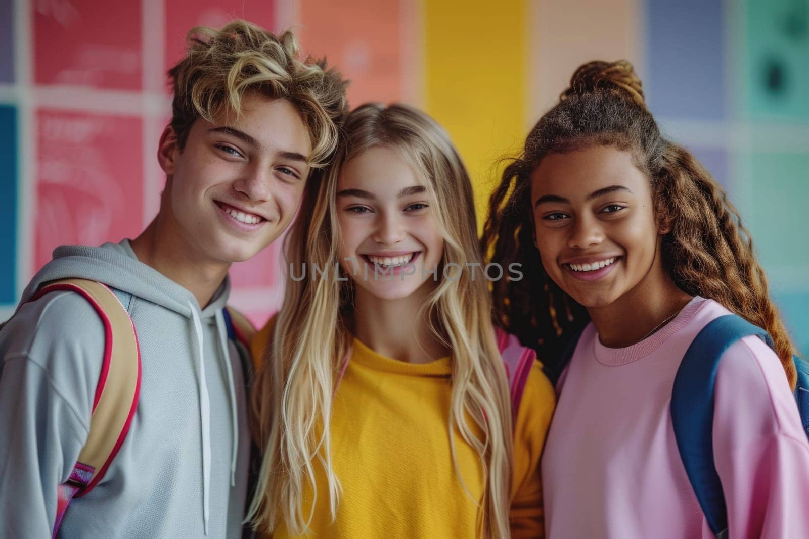 group of three happy teenage students in bright clothes. ai generated