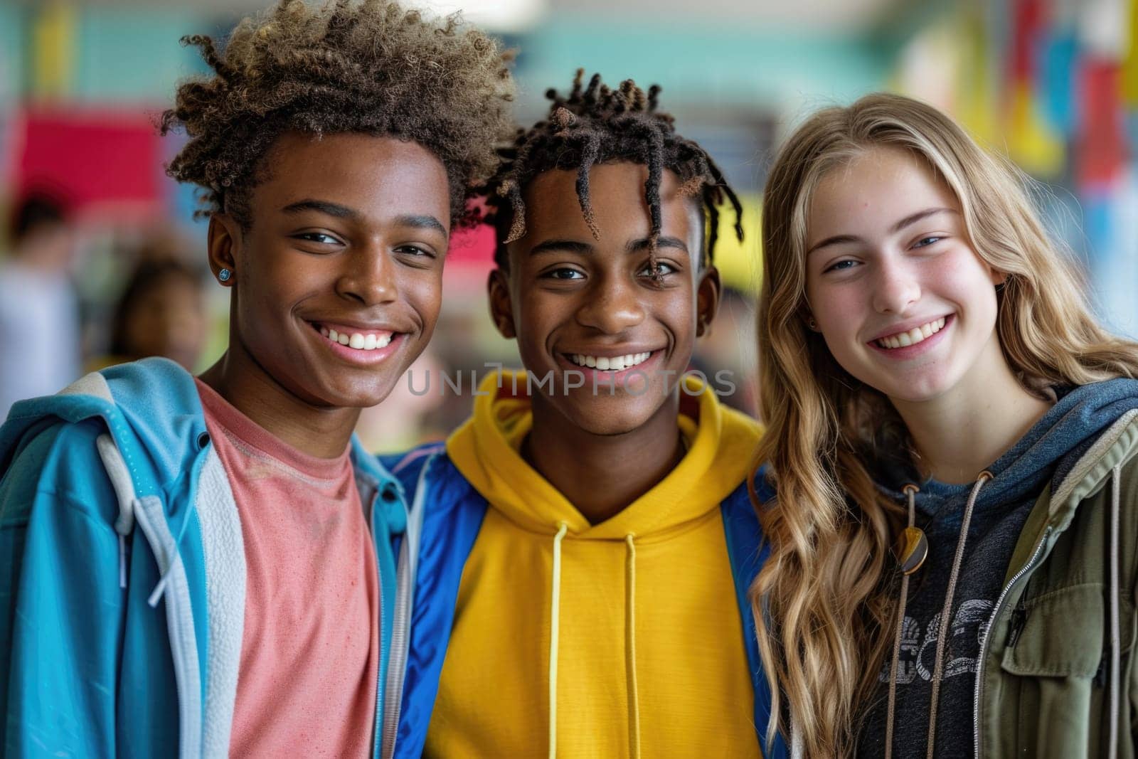 group of three happy teenage students in bright clothes. ai generated