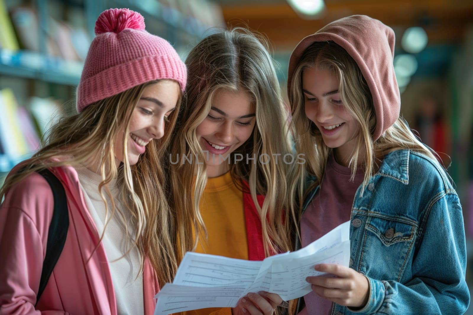 group of 3 smiling teenage students wearing bright clothes looking at the documents standing in classroom. ai generated