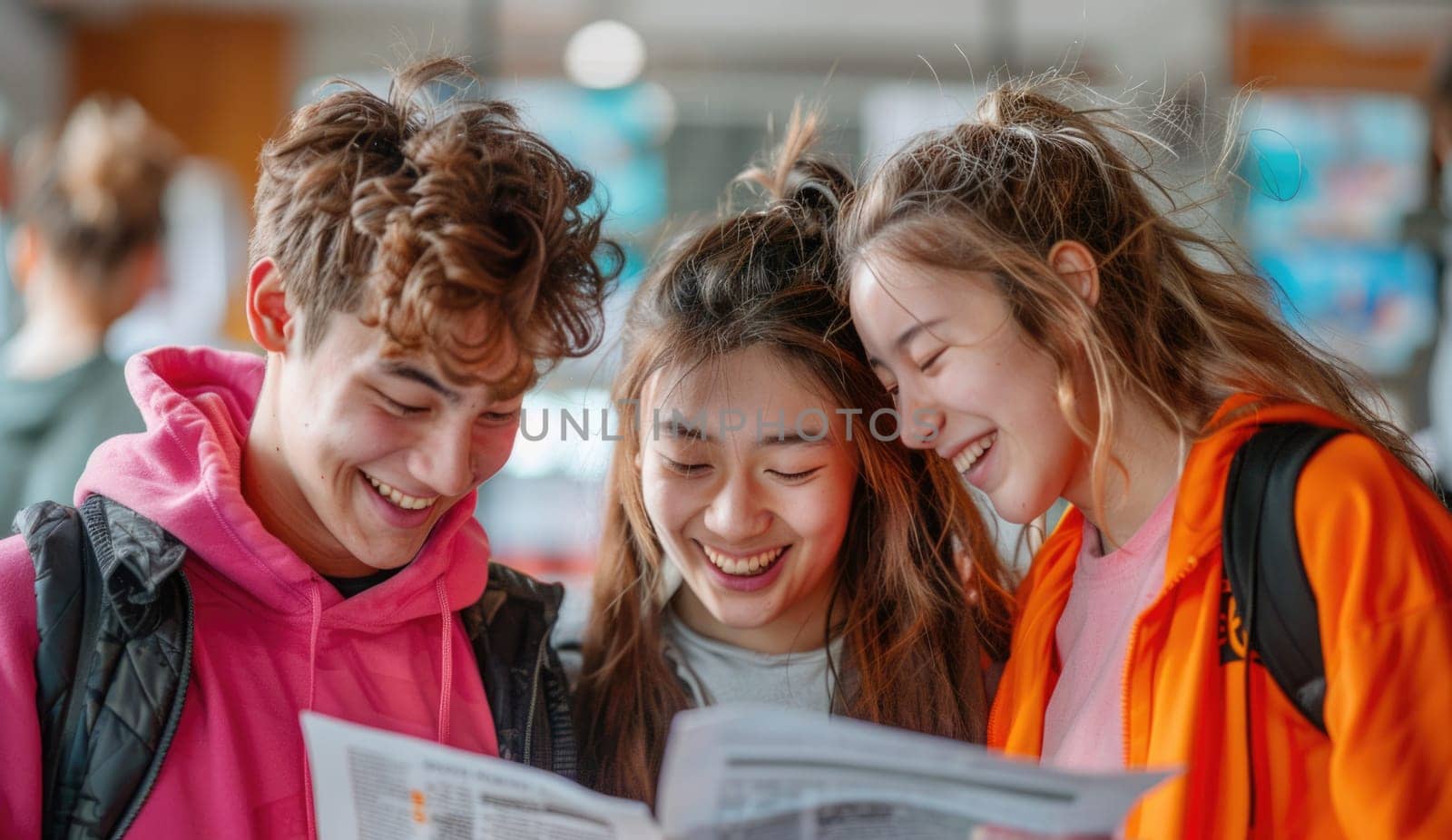 group of 3 smiling teenage students wearing bright clothes looking at the documents standing in classroom. ai generated