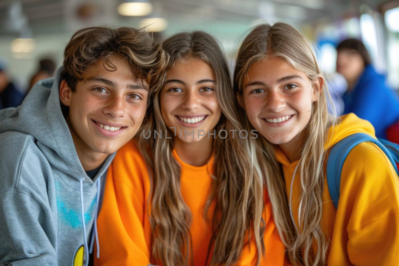 group of three happy teenage students in bright clothes. ai generated