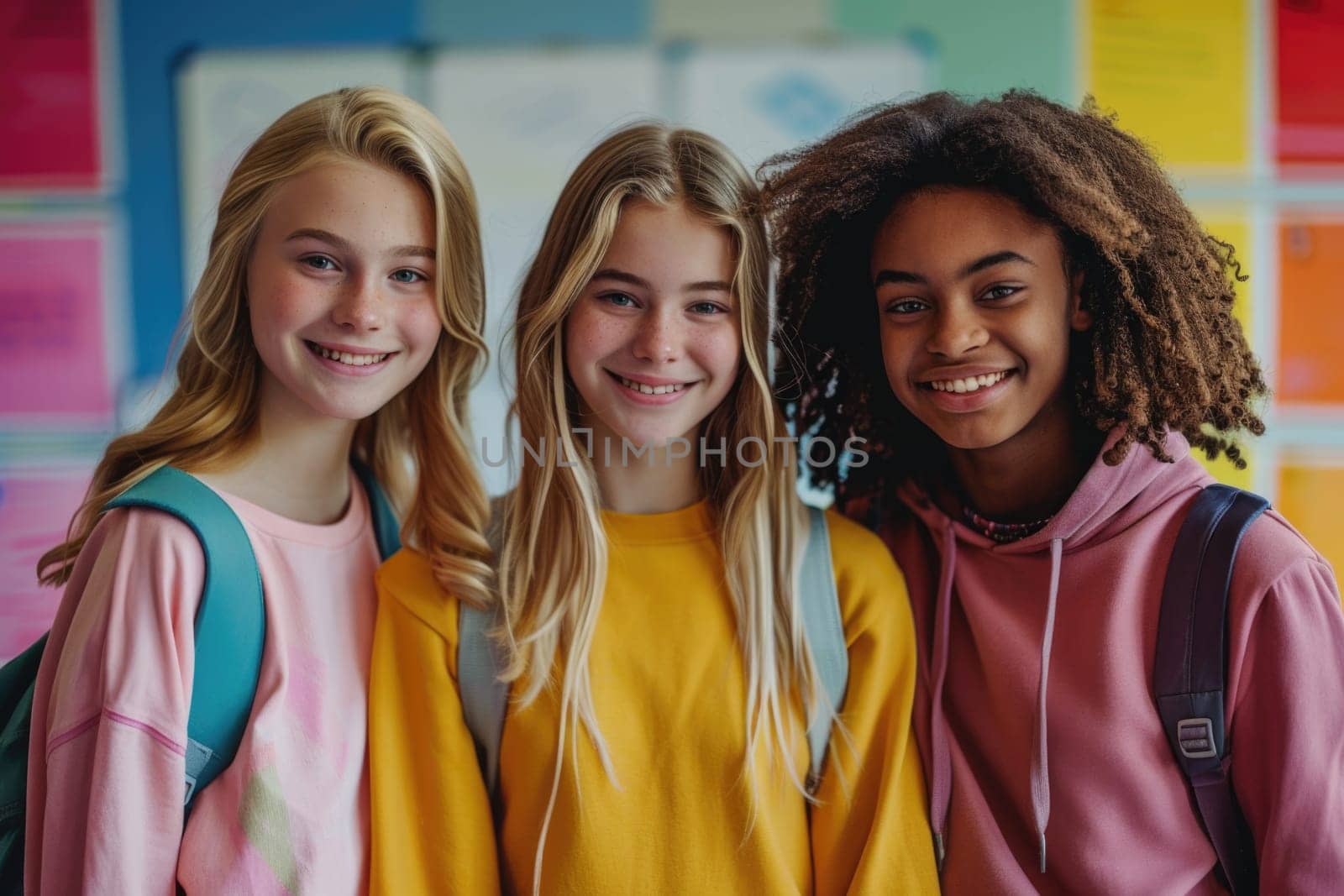 group of three happy teenage students in bright clothes. ai generated