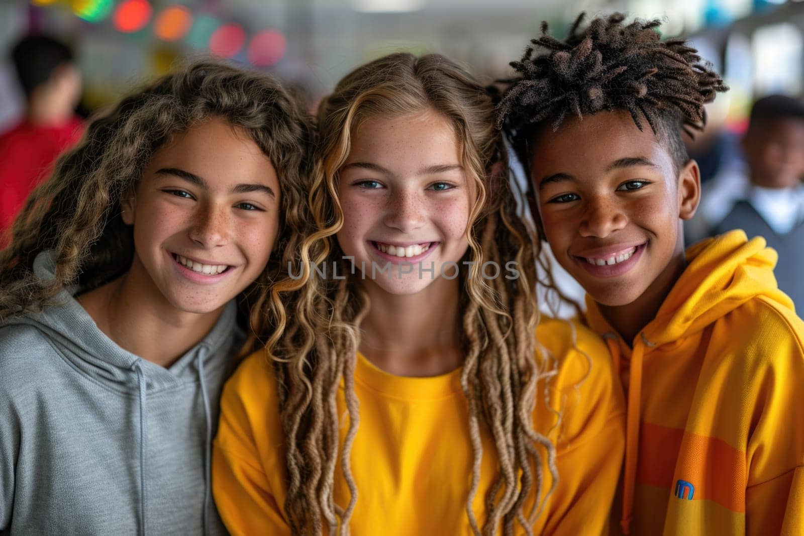 group of three happy teenage students in bright clothes. ai generated