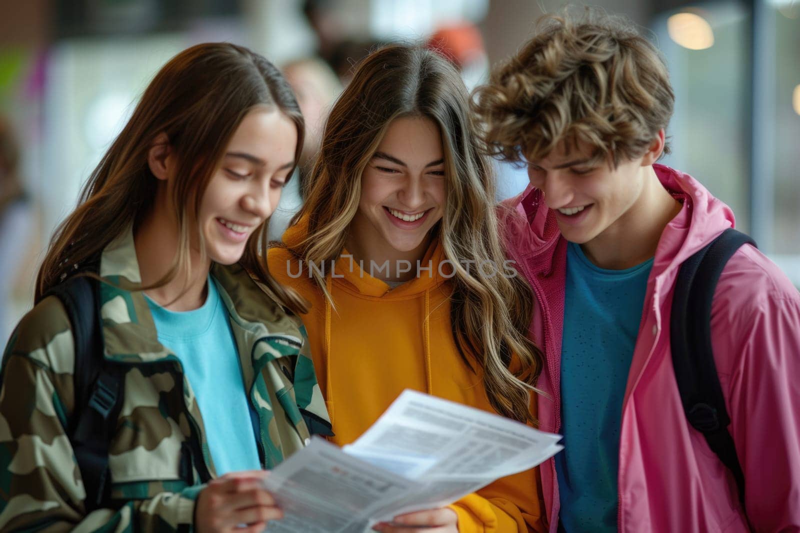 group of 3 smiling teenage students wearing bright clothes looking at the documents standing in classroom. ai generated