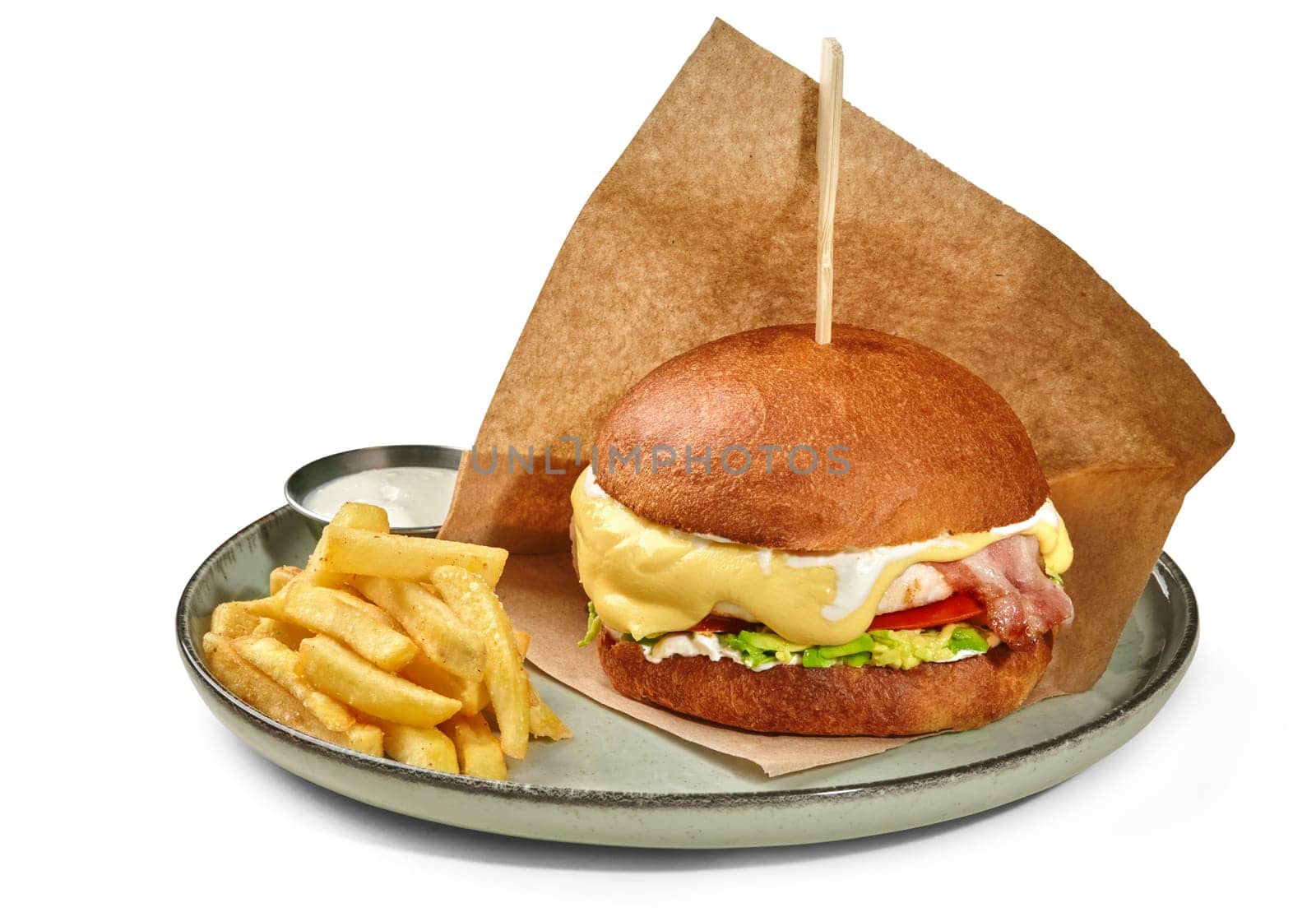 Appetizing chicken burger in fluffy browned bun with fried bacon slices, tomato, avocado and creamy cheese sauce wrapped in paper served with side of crispy fries on plate. Popular fast food concept