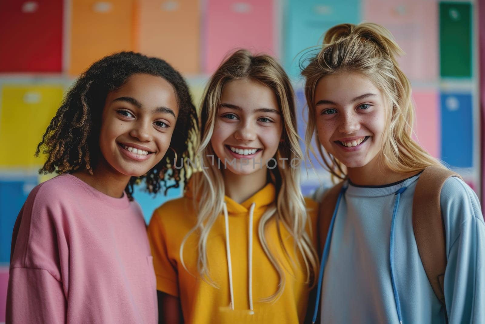 group of three happy teenage students in bright clothes. ai generated