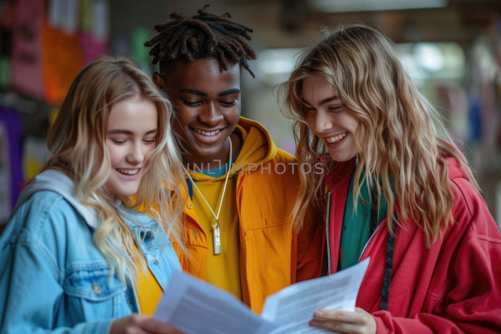 group of 3 smiling teenage students wearing bright clothes looking at the documents standing in classroom. ai generated