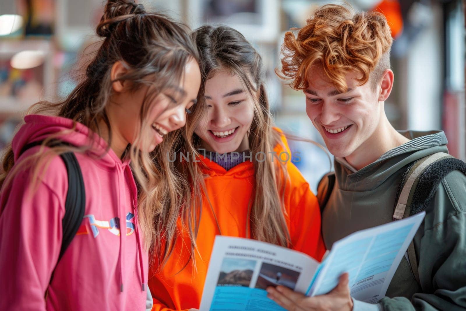 group of 3 smiling teenage students wearing bright clothes looking at the documents standing in classroom. ai generated