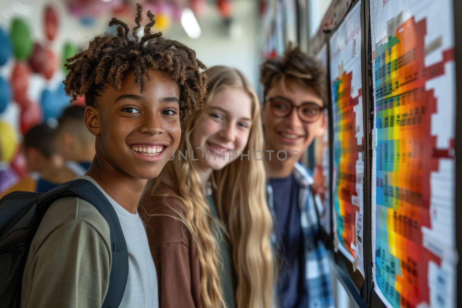 group of smiling teenage students wearing bright clothes looking at the charts at the board standing in classroom. ai generated