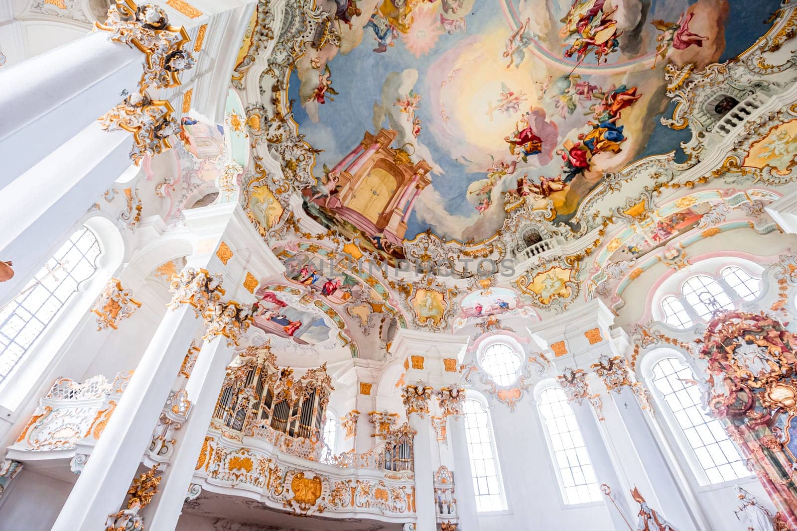 Steingaden, bavaria, germany, MAY 31, 2022 : interiors, frescoes and architectural decors of  church of Wieskirche, designed in the late 1740s by brothers J. B. and Dominikus Zimmermann