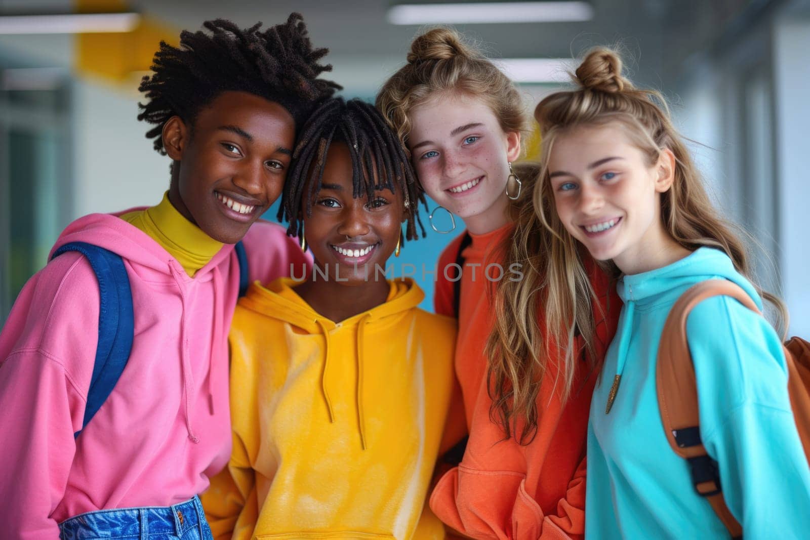 group of four happy teenage students in bright clothes standing in classroom. ai generated