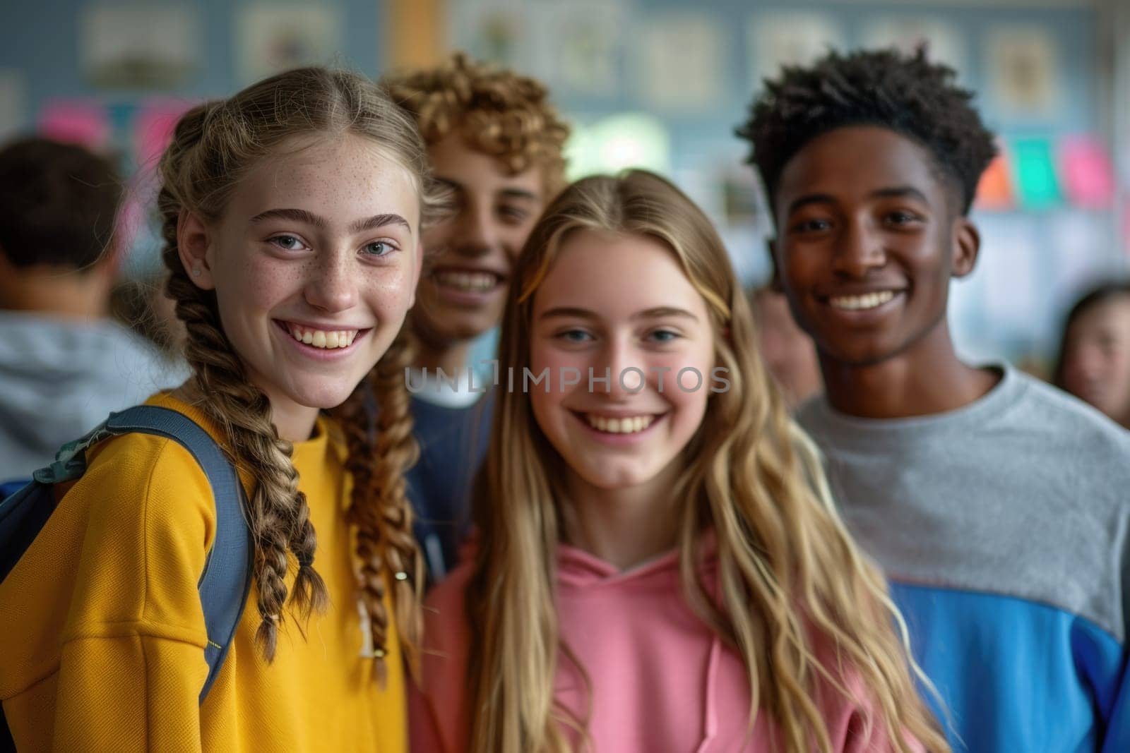 group of four happy teenage students in bright clothes standing in classroom. ai generated