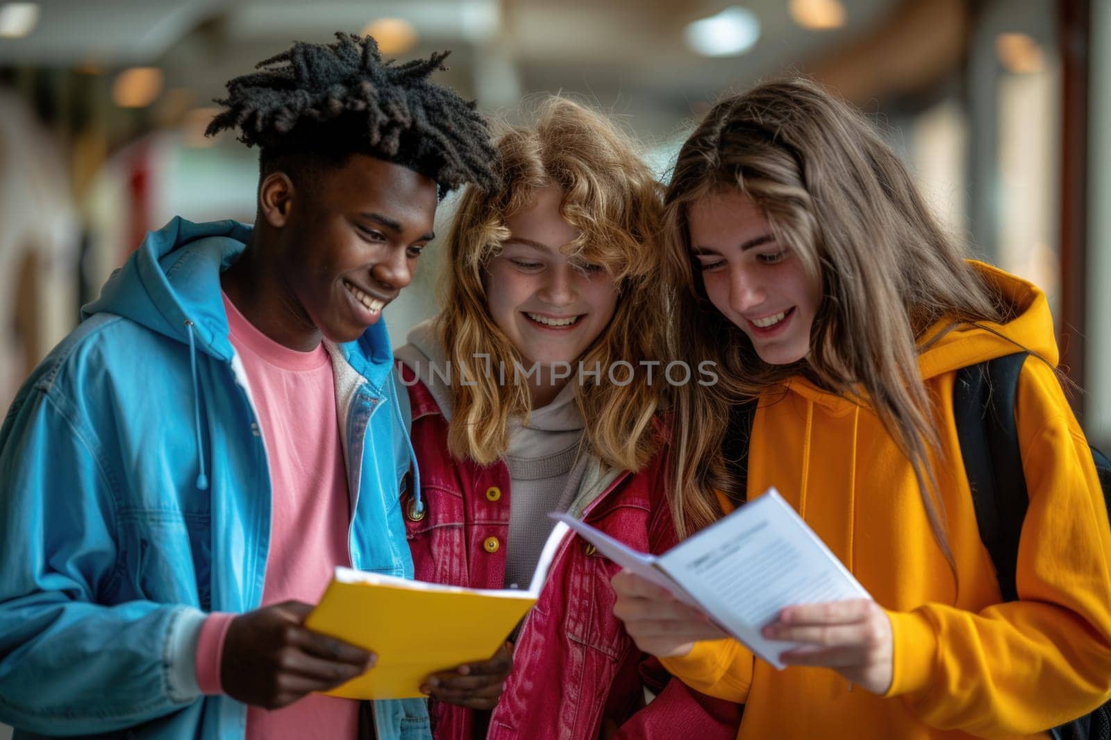 group of 3 smiling teenage students wearing bright clothes looking at the documents standing in classroom. ai generated