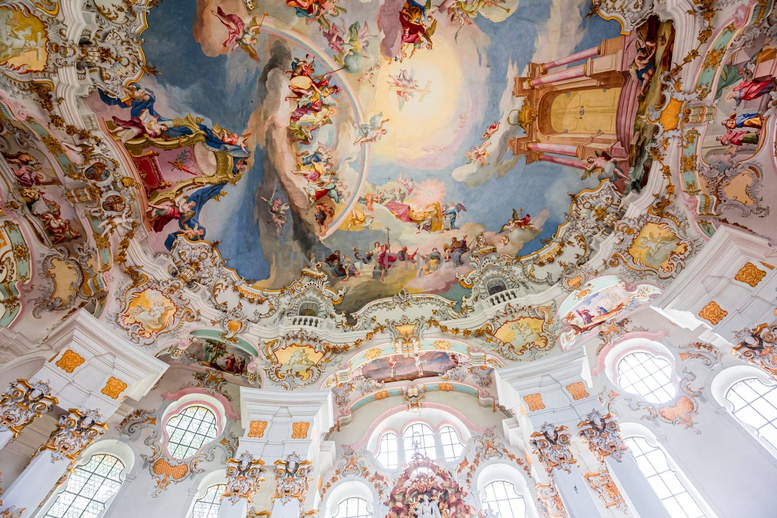 Steingaden, bavaria, germany, MAY 31, 2022 : interiors, frescoes and architectural decors of  church of Wieskirche, designed in the late 1740s by brothers J. B. and Dominikus Zimmermann